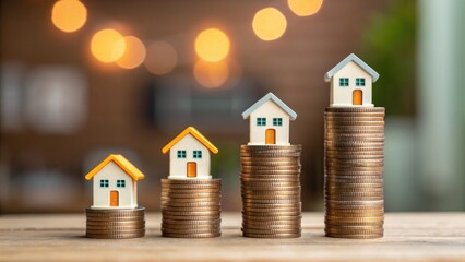 Rising property values concept with houses on increasing stacks of coins