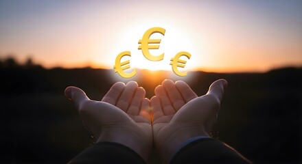 Hands holding Euro currency symbols with network connections at sunset