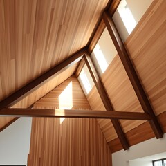 Interior view of a modern building featuring a high, peaked wooden ceiling with exposed beams and skylights allowing natural light to enter.