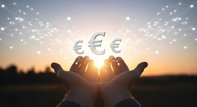 Hands holding Euro currency symbols with network connections at sunset
