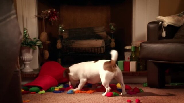 A jack russell terrier tips over a christmas stocking spilling out dog treats and toys, conveying chaotic holiday excitement.