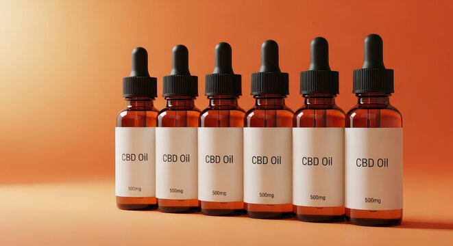 Row of CBD oil bottles on orange background.