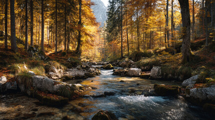 A scenic view of a flowing river through a forest with autumn foliage and distant mountains