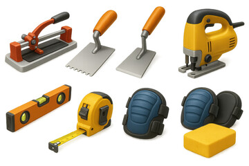 Fototapeta premium Collection of construction tools: trowels, jigsaw, tape measure, level, knee pads, sponge