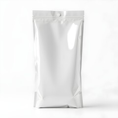 A shiny, white, empty, upright pouch with a clear, sealed top, ready for packaging.