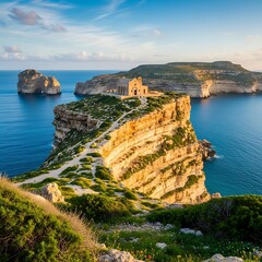 Scenic View of Gozo Island, Malta - A Coastal Landscape with a Historic Chapel.