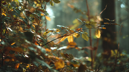 Close up of autumn leaves on branches with sunlight filtering through the forest trees