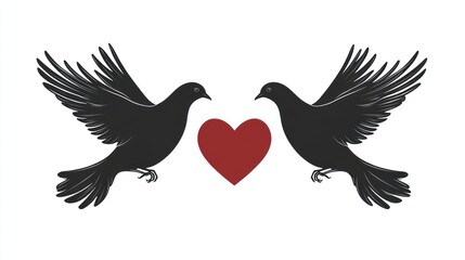 Obraz premium Two doves in flight, holding a heart, symbolic of love. Suitable for Valentine's Day cards