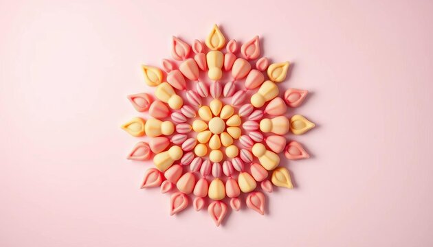 Pastel candies form a symmetrical mandala on a subtly gradient background,  dessert,   gradient background