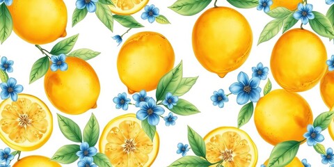 A vintage watercolor lemon pattern with blue floral details, perfect for seamless repeats, stylish, seamless pattern