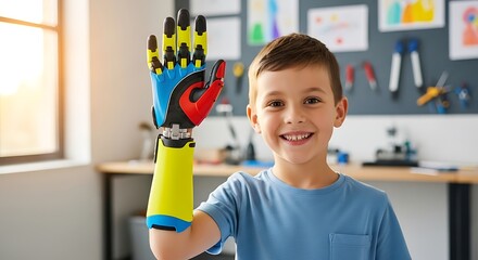 Boy with prosthetic arm smiles in classroom setting.