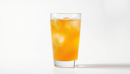 Effervescent orange liquid fizzing in a glass against a stark white backdrop, commercial, bubbles