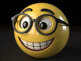 Happy yellow emoji face with black frame glasses and broad smile against dark background, cheerful expression, 3D render