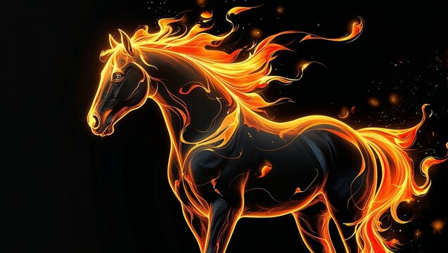Standing black horse with fire mane and tail in fantasy style