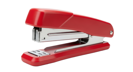 A red stapler on a white background.