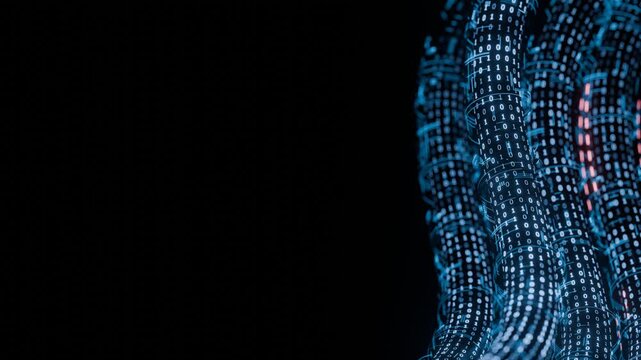 Flowing Digital Data Streams Binary Code in tube cable. For Artificial Intelligence, Cybersecurity, Machine Learning. Seamless loop technology background. Created using non-AI 3d software
