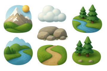 Charming cartoon landscapes with mountains, rivers, clouds, paths, and trees