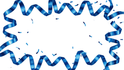 Blue ribbon streamers and confetti creating a festive border around a blank space for text or design elements, perfect for celebrations