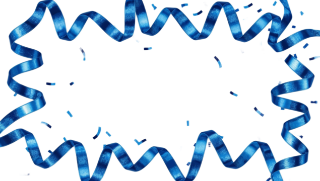 Blue ribbon streamers and confetti creating a festive border around a blank space for text or design elements, perfect for celebrations