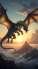 Dragon Soaring Above Misty Mountains at Sunset - Fantasy Art.