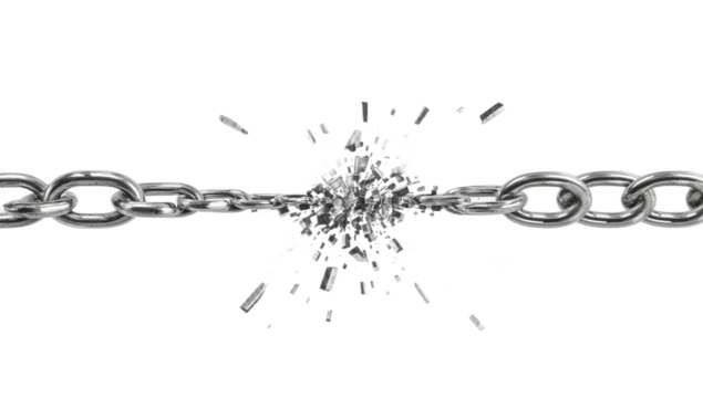 Dynamic digital illustration of a robust metal chain dramatically shattering into fragments