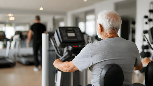 Elderly man exercising on stationary bike in modern gym setting  