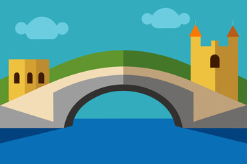 Cartoon bridge over water with buildings and clouds