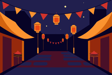 Street decorated with lanterns and hanging pennants