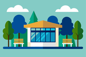 Illustration of a park shelter with trees and benches