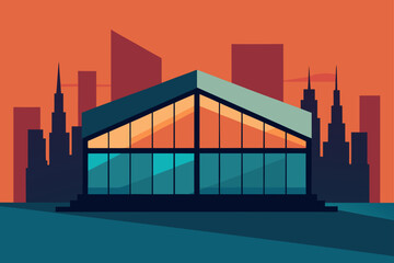 Building with glass facade and city skyline behind