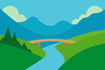 Illustration of a river landscape with bridge view