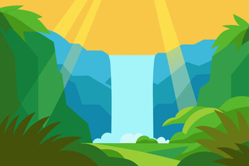 Cartoon waterfall scene with jungle and sunlight