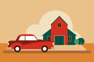 Red car parked near a barn in a rural landscape art
