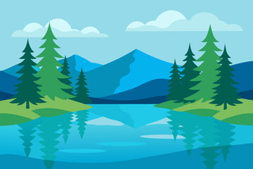 Scenic landscape with lake mountains and pine trees