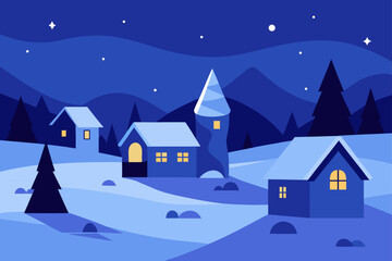 Night scene with houses and trees in winter season