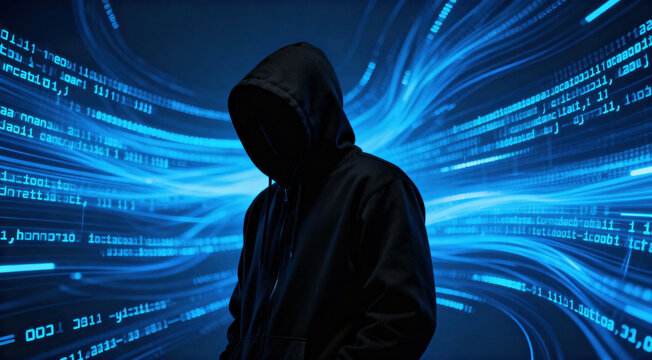 A hooded figure amidst dynamic blue digital code lines representing cyber activities and data flow.