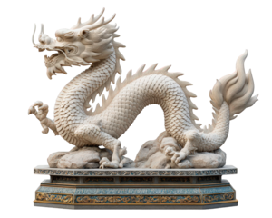 Powerful white stone dragon statue object, an isolated ancient Asian sculpture. mythical creature from mythology symbolizing strength, good luck, and spiritual power