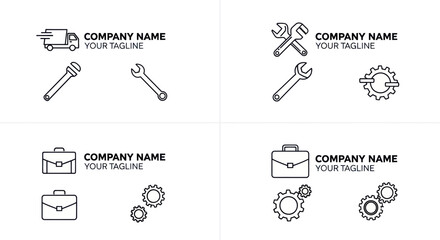 Set of four business logo templates with icons for transport tools and gears.