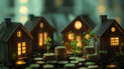 Miniature houses on coins, growing plants, financial growth, investment, real estate