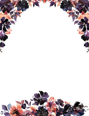 Fototapeta premium Vertical vector floral frame border with dark watercolor flowers in free abstract style, burgundy black and deep shades, elegant design for websites, prints, cards and wedding invitations