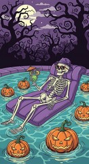 Halloween Relaxation - Skeleton Lounging in a Pumpkin-Filled Pool Under Moonlight.