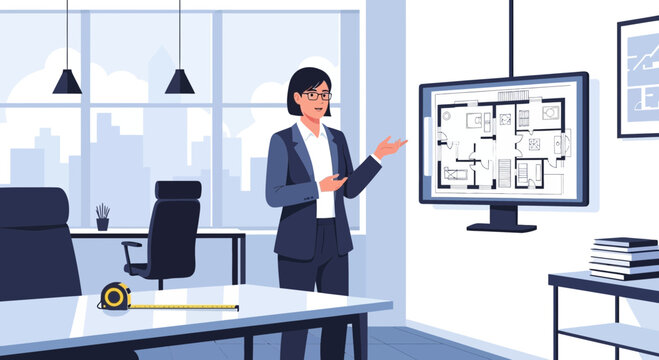 Professional architect presenting construction plan on a screen in modern office