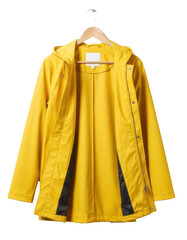 A yellow raincoat hanging on a hook against a white background.