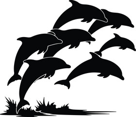 Vector silhouette dolphins jumping out of the water illustration