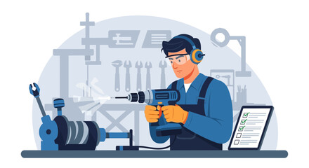 Craftsman diligently using a drill in a workshop setting, prioritizing safety
