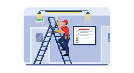Professional electrician performing light maintenance with compliance checklist verification