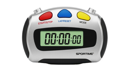 A digital timer with a digital display and buttons for start, stop, lap, and mode.