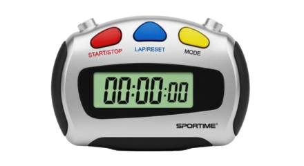 A digital timer with a digital display and buttons for start, stop, lap, and mode.