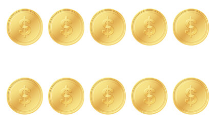 Digital illustration of ten golden coins arranged in two rows on a white background, symbolizing wealth and currency