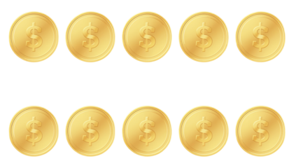 Digital illustration of ten golden coins arranged in two rows on a white background, symbolizing wealth and currency